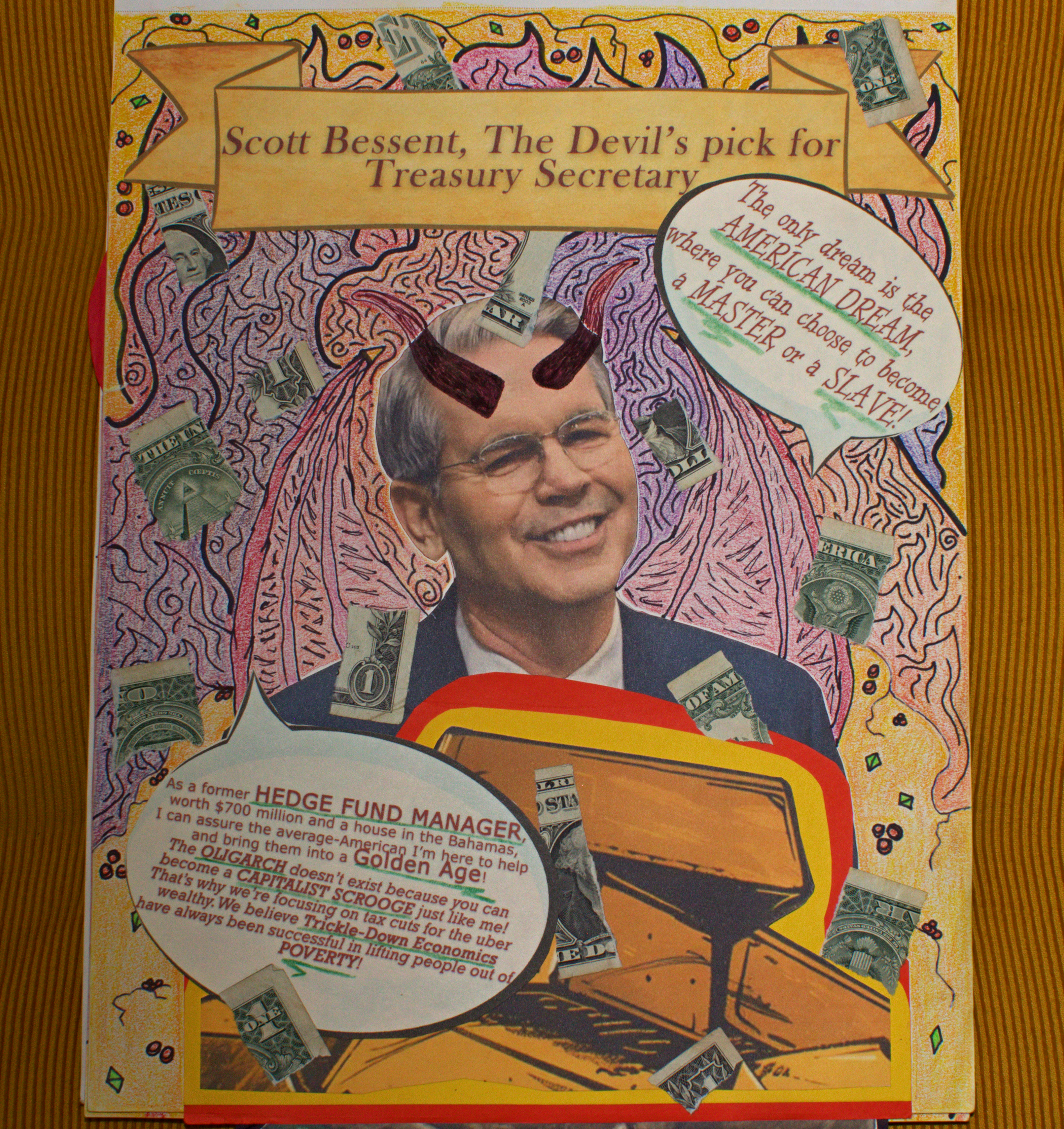 A photo-collage of Trump's pick for treasury, with Devil horn's and wing's, resting on a pile of gold with money rain.