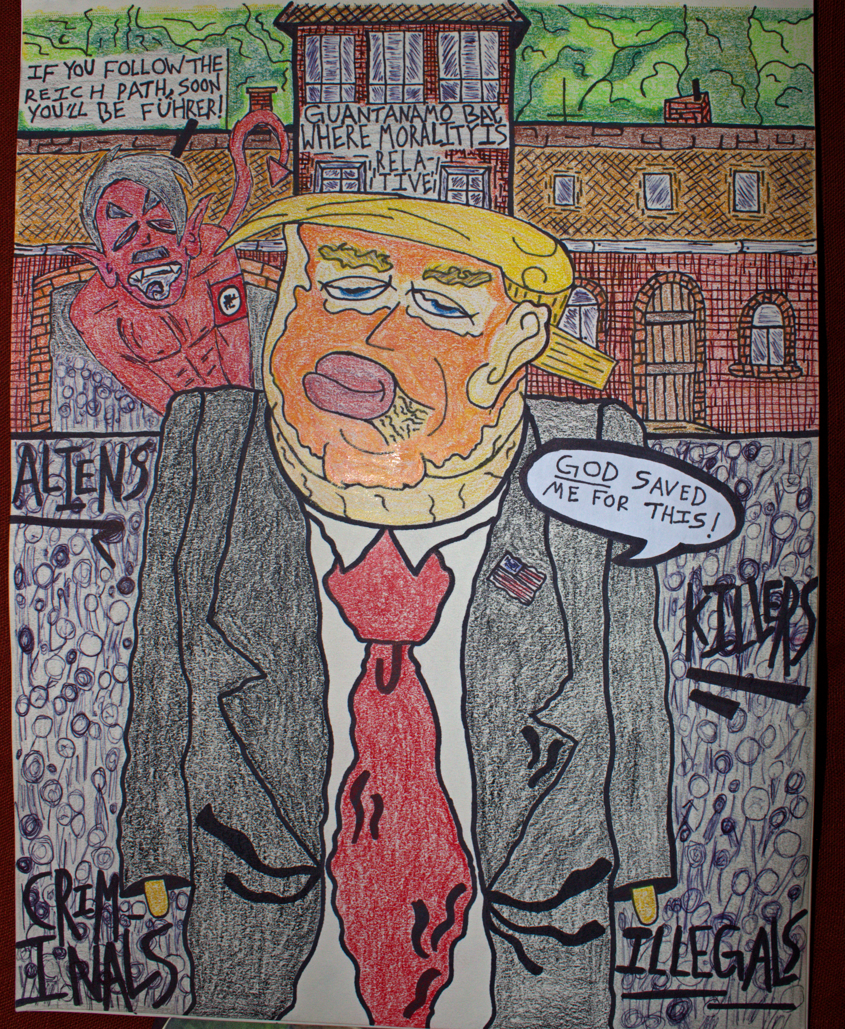 A caricature of Donald Trump, in front of Auschwitz, listening to his inner-Demon that looks like a devil-version of Adolf Hitler and speaking negative of Immagrints.