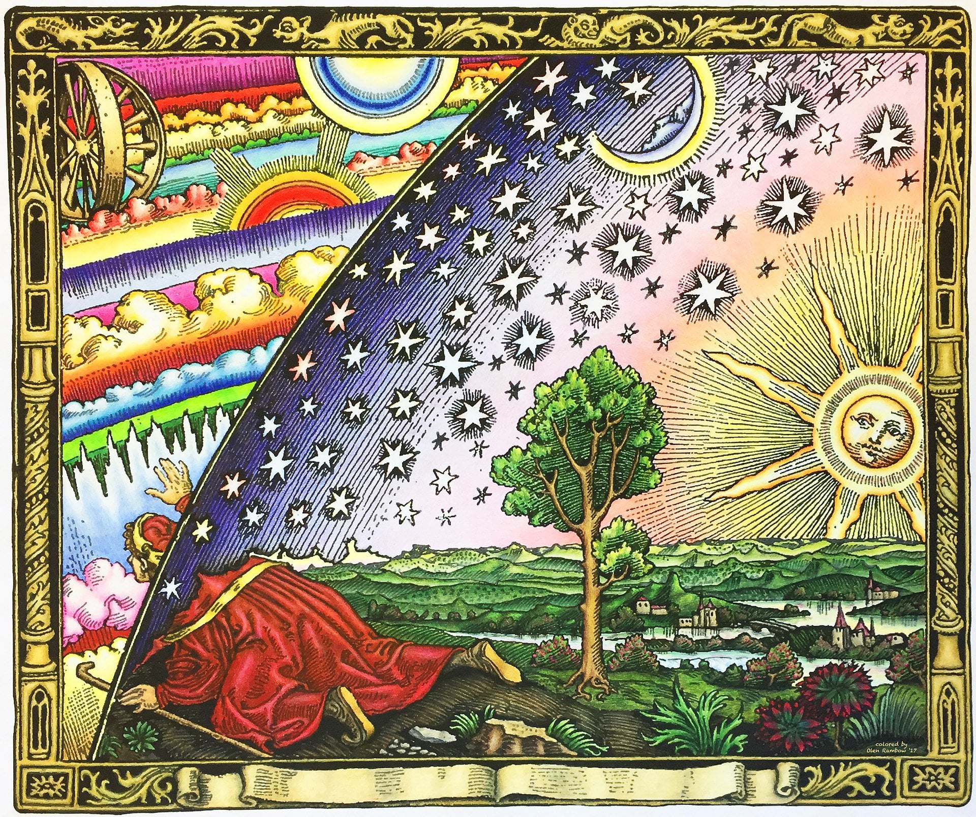 Flammarion engraving, coloured, features a man poking his head through the veil.