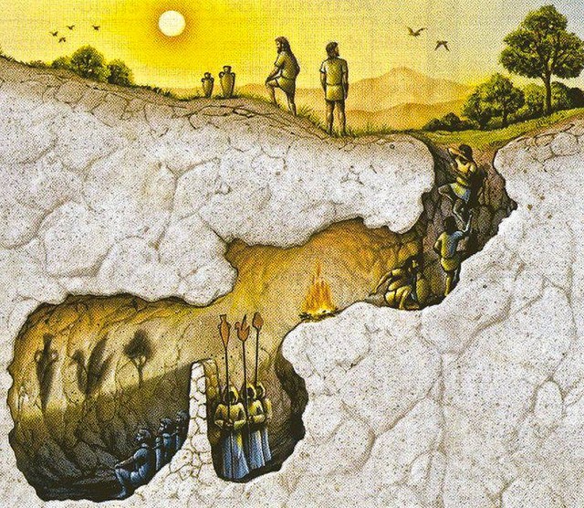 A depiction of the allegory, Plato's Cave.