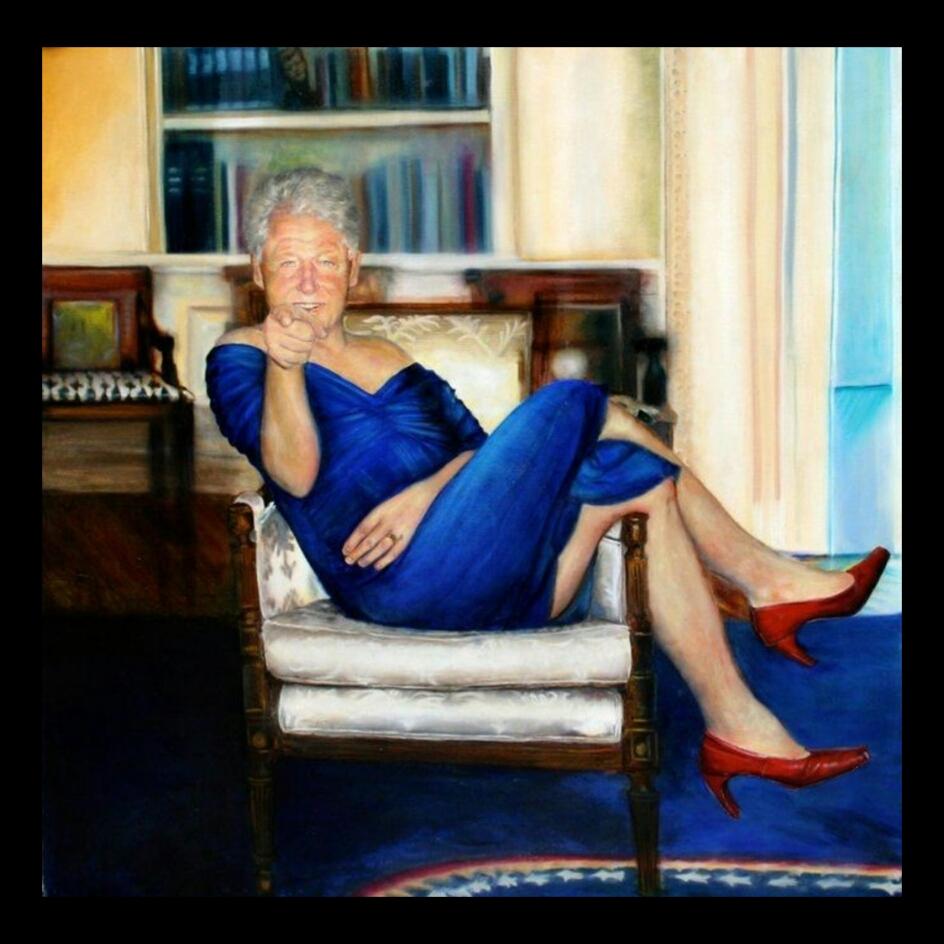 An oil painting of Bill Clinton, in a blue dress and red heels, sitting in the oval office.