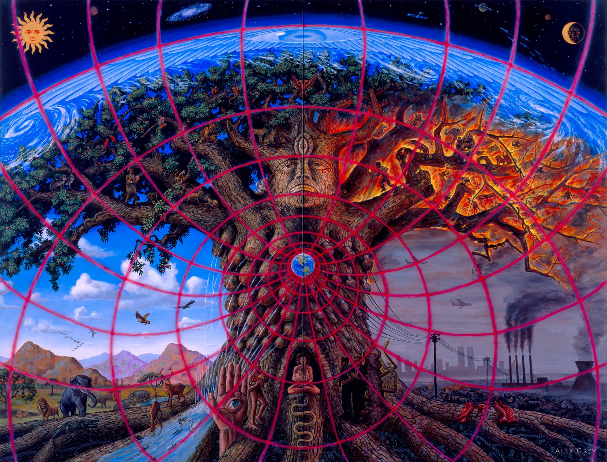 A picture of Earth with a tree of life dividing. The two halves show: one side, apocalyptic and horrible. other side: beautiful and abundant.