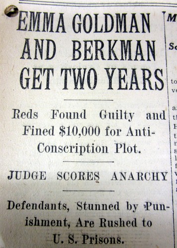 A headline of the arrest of Emma Goldman for anti-war protest.