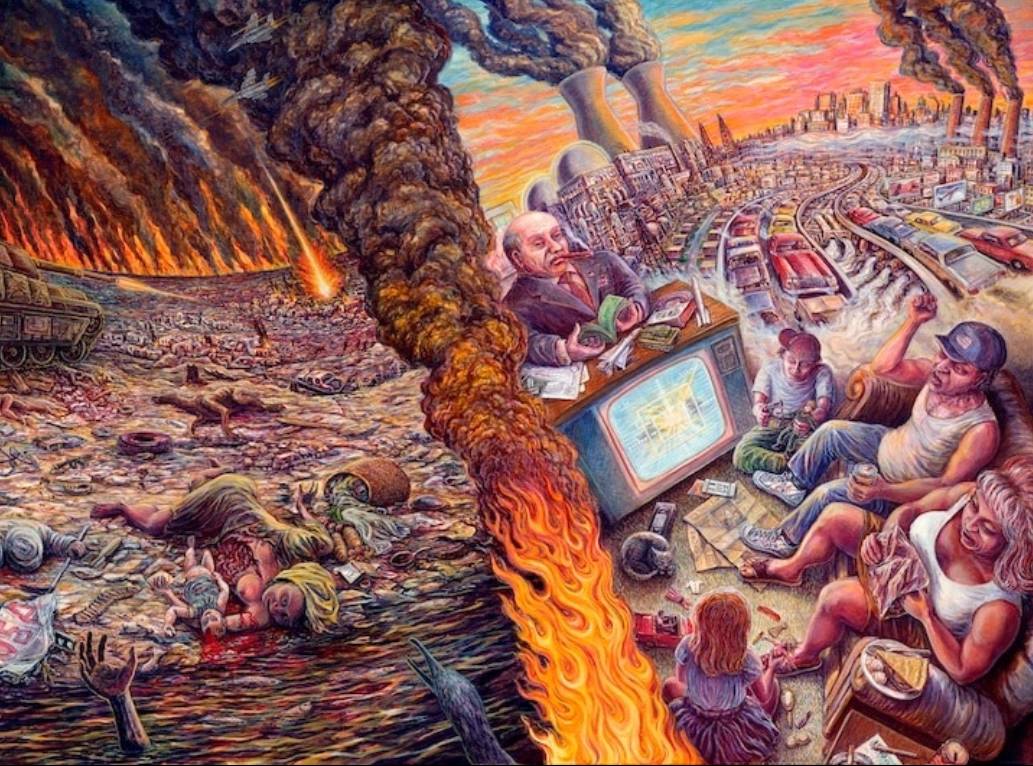 A picture of the American Dream, a family watching the news while the nations we war against suffer.