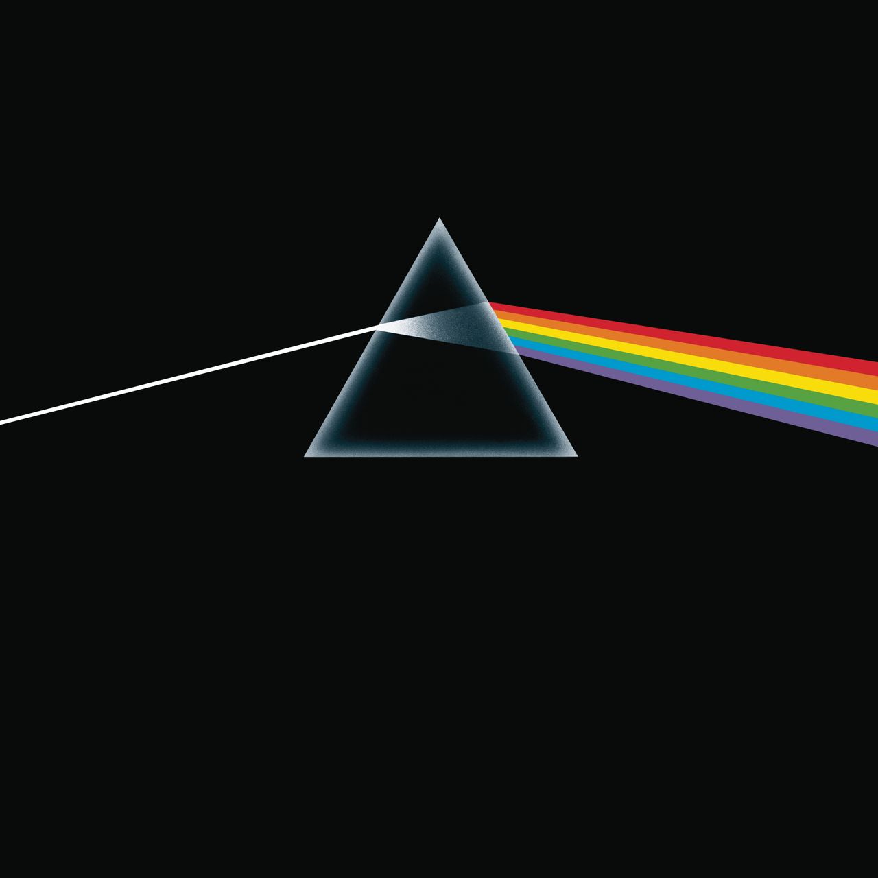 Dark Side of the Moon, album cover. A black background with a white light piercing through a clear triangle to refract a rainbow on the other side.